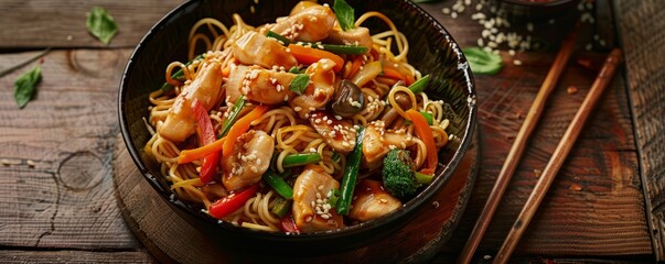 Wall Mural - Chicken and vegetable stir-fry with noodles, 4K hyperrealistic photo