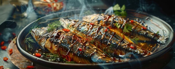 Wall Mural - Grilled mackerel with miso glaze, 4K hyperrealistic photo