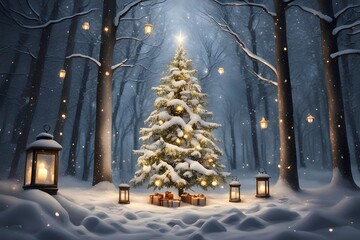 Wall Mural - A peaceful snowy forest with a decorated Christmas tree glowing lanterns, Ai Generated