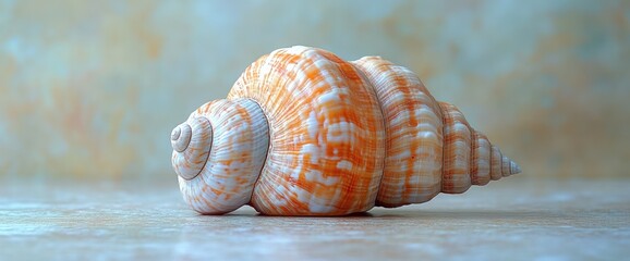 A close-up view of a large, spiral-shaped seashell with a white and orange striped pattern against a light beige background.