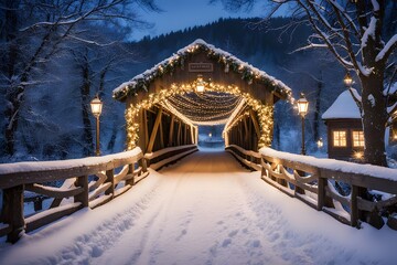 Wall Mural - A snow covered bridge adorned with garlands and twinkling lights leading to a cozy village, AI Generated