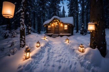 Wall Mural - A snowy forest path illuminated by lanterns leading to a quaint decorated cabin in the distance, Ai Generated