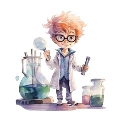 A Young Boy Dressed as a Scientist Holds a Beaker and a Test Tube