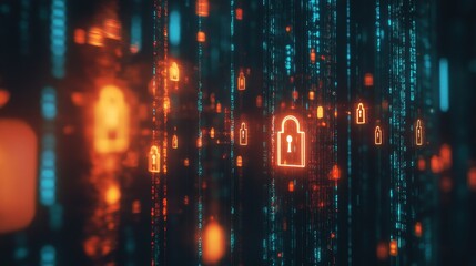Abstract Digital Security Concept with Glowing Padlocks and Binary Code.