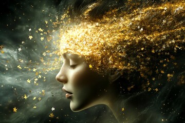 Poster - Long term potentiation Cortisol levels fluctuation Vibrant energy and creative imagination depicted in a profile of a woman surrounded by luminous golden particles representing ideas and innovation