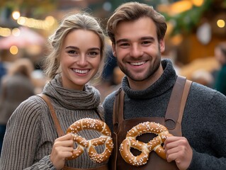 Wall Mural - Couple wearing dirndl and lederhosen, smiling and holding pretzels in a decorated beer garden, early afternoon