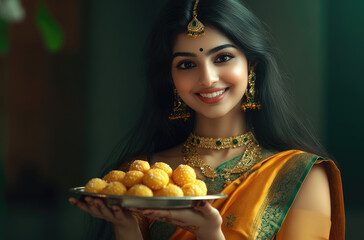 Wall Mural - A beautiful young Indian woman in a saree, holding a plate of laddus and smiling at the camera