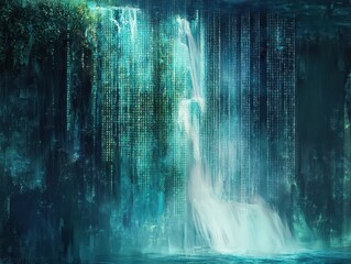 abstract digital waterfall with binary code background