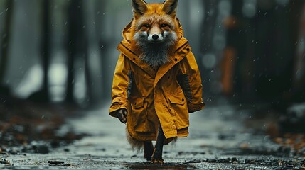 Sticker - A Fox in a Yellow Raincoat Walking Through a Forest