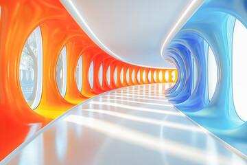 Modern empty corridor with colorful design is illuminated with bright sunlight