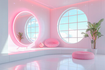 Wall Mural - Futuristic interior design with round windows and pink furniture