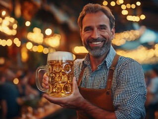 Wall Mural - Man proudly wearing lederhosen, posing with a large beer mug at an Oktoberfest event, festive and confident