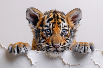 Poster - A Curious Tiger Cub Peeking Over a White Background