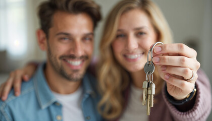 Happy family couple buys a new house or apartment. Blurry background shot of a smiling young married man and woman with a bunch of keys with a home pendant in soft