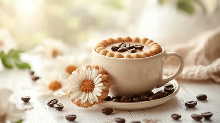 cup of coffee, espresso coffee inside the cup, coffee beans and flowers, cookies 