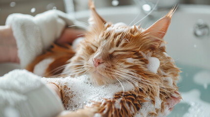 Cute red fluffy cat relaxing in a bath with bubbles and gentle grooming