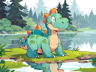 Poster - A Cute Dinosaur by the Lake