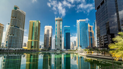 Residential buildings in Jumeirah Lake Towers timelapse hyperlapse in Dubai, UAE.