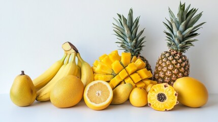 Leinwandbilder - A collection of assorted yellow fruits, including bananas, mangoes, and pineapples, arranged on a white surface to highlight their fresh and vibrant colors.
