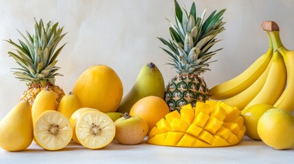 Poster - A collection of assorted yellow fruits, including bananas, mangoes, and pineapples, arranged on a white surface to highlight their fresh and vibrant colors.
