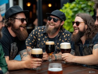 Wall Mural - Group of men enjoying a round of strong dark beers, laughing and sharing stories