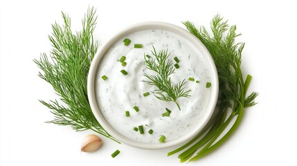 A white bowl with a creamy white sauce and green herbs