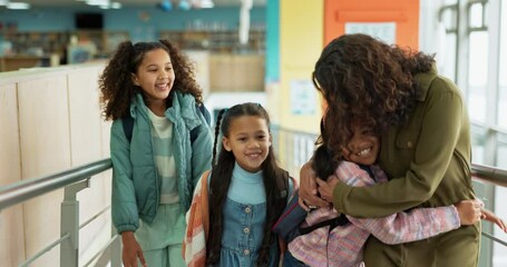 Poster - Group, children and teacher with hug, smile and backpack for together on campus or academy. Students, woman and happy for education, development and scholarship in learning, mentorship or school