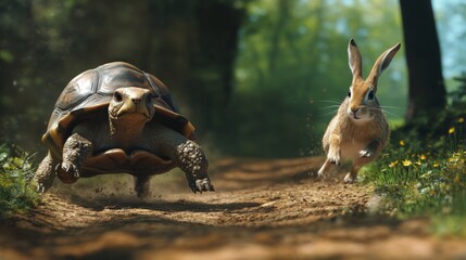 With a determined tortoise and a swift hare making their way through a forest path, this image brings to life the tale of the turtle versus the rabbit's race.