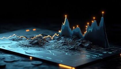 A glowing ascent graph of currency increase in night mode, with clear markers, illustrates financial growth in the economic business finance investment risk sector.