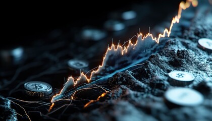 A glowing ascent graph of currency increase in night mode, with clear markers, illustrates financial growth in the economic business finance investment risk sector.