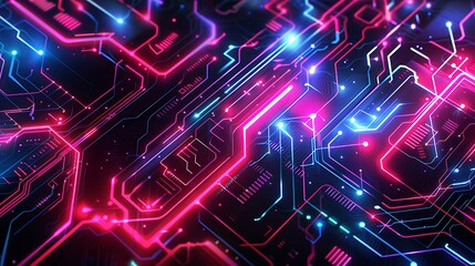 Wall Mural - 3d abstract rendering of a circuit board with glowing neon lights, showcasing the complexity and bea