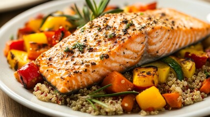 Wall Mural - A delicious and healthy meal of grilled salmon fillets served with roasted vegetables and quinoa, creating a balanced and nutritious dish.