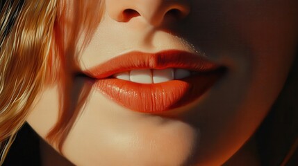 The warm glow of sunlight illuminates a woman's face, accentuating her lips as a slight smile begins to form, evoking warmth