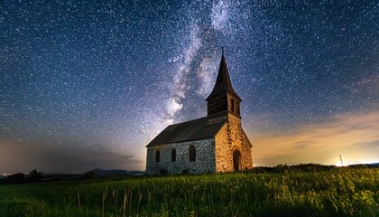 Wall Mural - Old church with milky way at night