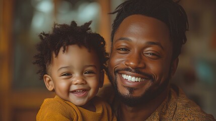 father smiled happily while holding his child