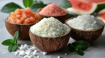 Organic coconut flour, fresh fruits and leaf on light grey table, closeup. Made with generative ai
