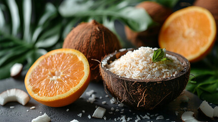 Organic coconut flour, fresh fruits and leaf on light grey table, closeup. Made with generative ai
