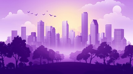 Sticker - A vibrant sunset casts a purple glow over a modern city skyline with skyscrapers and distant mountains surrounded by lush trees