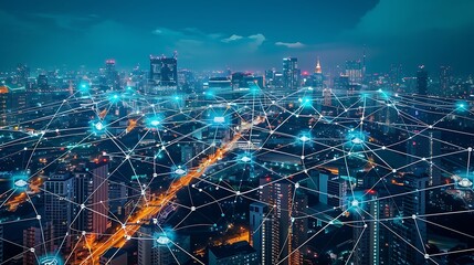 Wall Mural - aerial view of a city at night, showcasing a network of connections extending across the cityscape, 