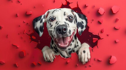 Wall Mural - A playful Dalmatian puppy emerges through a red wall, showcasing excitement and energy