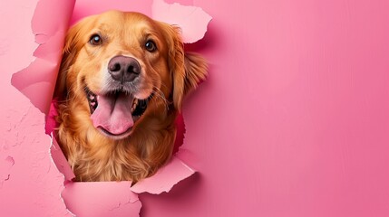 Wall Mural - A golden retriever joyfully peeks through torn pink paper in a playful display of curiosity and happiness