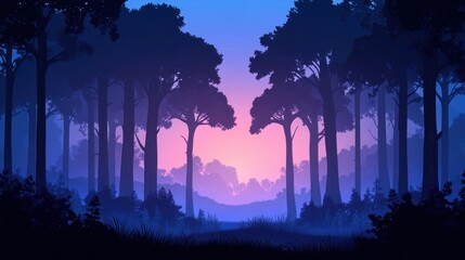 Wall Mural - Silhouetted Trees in a Purple and Blue Forest at Sunset.