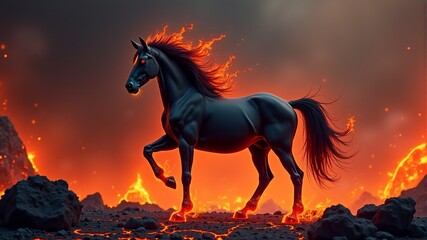 Wall Mural - a horse with a black mane stands in front of a fiery background.