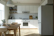 © sujeong - Modern compact kitchen with white cabinetry and wooden accents
