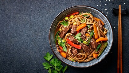 Udon stir fry noodles with beef meat and vegetables in a bowl on dark background. Asian cuisine. Delicious and healthy food. Top view. ai generated