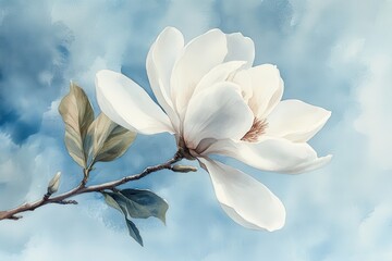 Watercolor Painting of a Magnolia Blossom Against a Blue Sky.