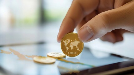 Fototapete - A financial analyst hand pointing at a gold price graph on a tablet, with a gold coin placed next to the device, linking analysis with physical gold.