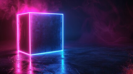 Wall Mural - Neon glowing cube in dark smoky environment with vibrant colors