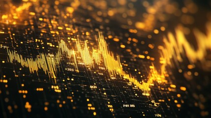 Leinwandbilder - A fluctuating gold price graph on a black background, with gold lines and data points, symbolizing the volatility and potential of gold investments.