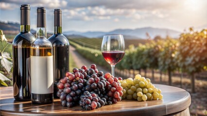 Sticker - bottles of red and white wine with fresh grape